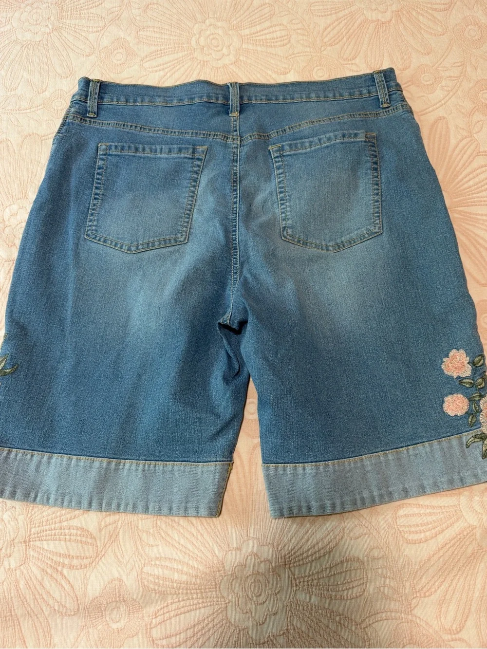 Gloria Vanderbilt Blue Denim Bermuda Shorts with Pink Floral Embroidery